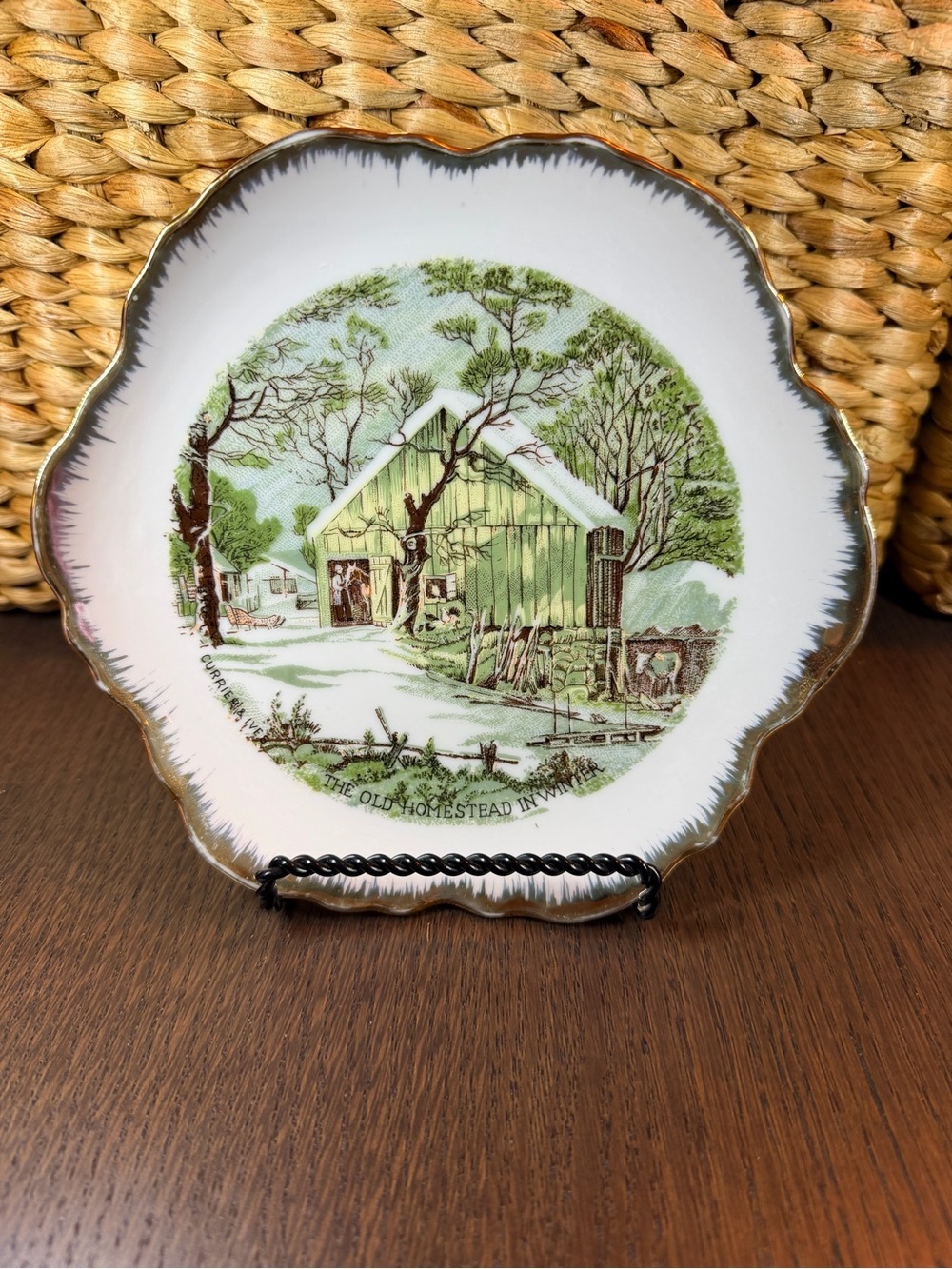 Currier & Ives “The Old Homestead in Winter” Green Ceramic Display Plate